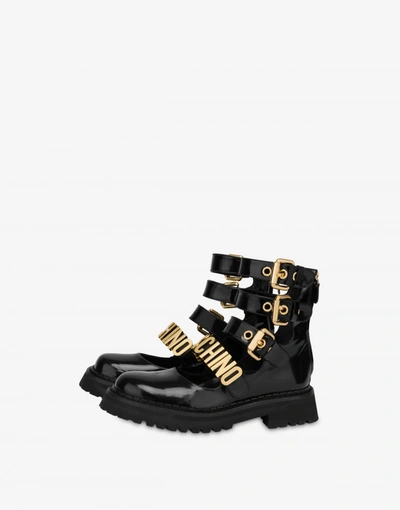 Moschino Lettering Multi-straps Calfskin Ankle Boots In Black