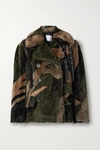 SACAI +KAWS DOUBLE-BREASTED LEATHER-TRIMMED PRINTED FAUX FUR COAT