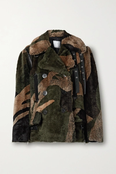 Sacai +kaws Double-breasted Leather-trimmed Printed Faux Fur Coat In Green