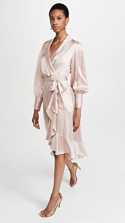 Zimmermann Ruffled Silk-satin Midi Wrap Dress In Milk