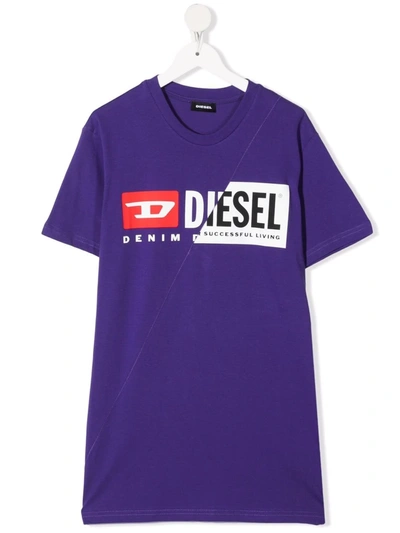 Diesel Teen Patchwork Logo-print T-shirt In Purple