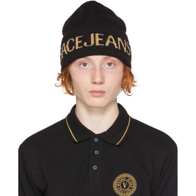 Versace Jeans Couture Logo-print Knitted Beanie In Black