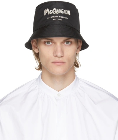 Alexander Mcqueen Men's Graffiti Logo Nylon Bucket Hat In Black/ivory