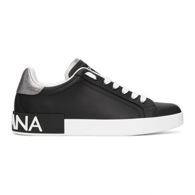 Dolce & Gabbana Portofino Sneakers In Black Leather With Silver Inserts Dolce E Gabbana