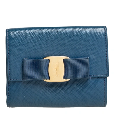 Pre-owned Ferragamo Blue Leather Vara Bow Compact Wallet