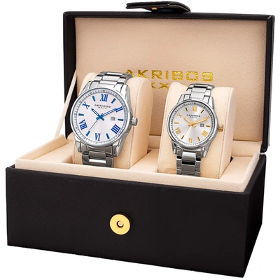 Akribos Xxiv His & Hers Set White Dial Unisex Watch P50176 In Silver Tone,white