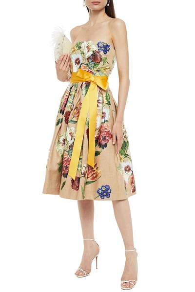 Dolce & Gabbana Strapless Pleated Floral-print Canvas Dress In Beige