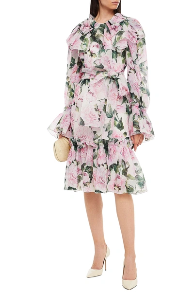 Dolce & Gabbana Belted Ruffled Floral-print Crinkled Silk-organza Dress In White