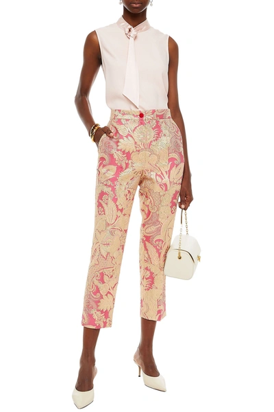 Dolce & Gabbana Cropped Metallic Brocade Tapered Trousers In Pink
