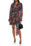 Dundas Ruffled Wrap-effect Metallic Fil Coupé Silk-blend Georgette Mini Dress In Multicolor