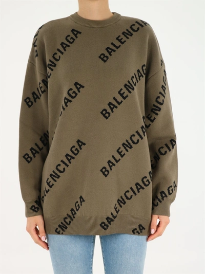 Balenciaga Logo Intarsia Oversize Crewneck Sweater In Neutral