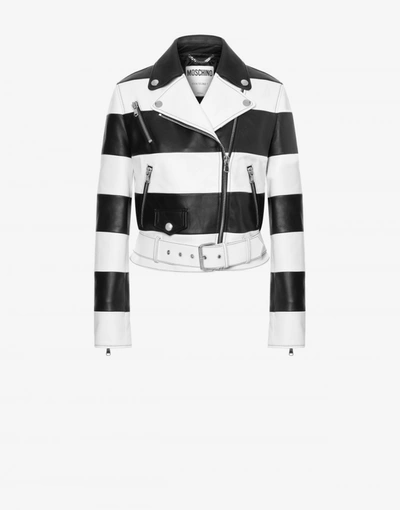Moschino Horizontal-stripe Biker Jacket In Black