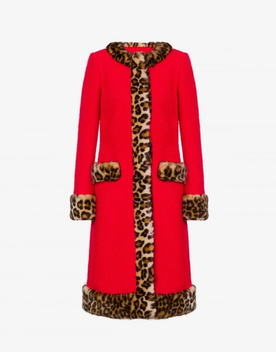 Moschino Leopard-print Trim Single-breasted Coat In Red