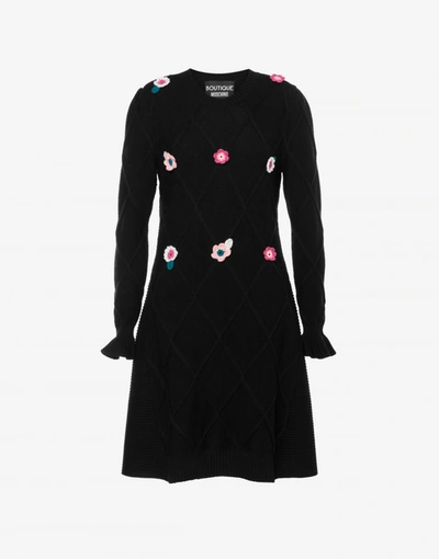 Boutique Moschino Extra-fine Merino Wool Dress With Flowers In Black