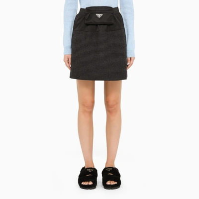 Prada Black/anthracite Checked Mini Skirt With Pouch In Grey