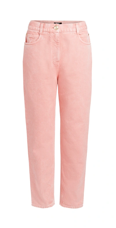Balmain Acid Wash Boyfriend Jeans W/ B Rivet In Light Pink