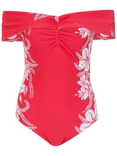 Amir Slama Floral Off-shoulder Swimsuit In Rot