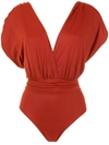 Brigitte Ruched V-neck Swimsuit In Braun