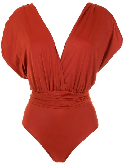 Brigitte Ruched V-neck Swimsuit In Braun