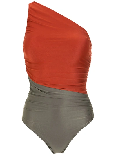 Brigitte Two-tone One-shoulder Swimsuit In Braun