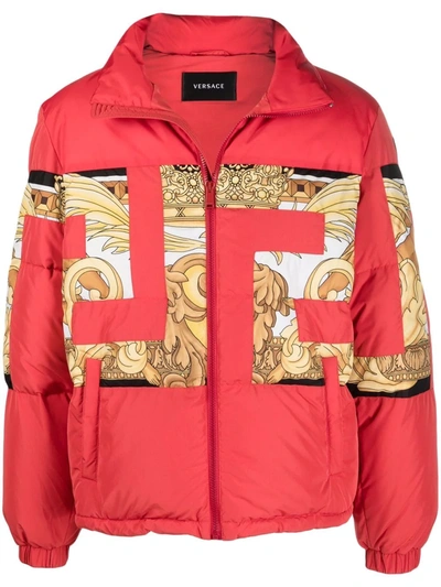 Versace Greca-print Padded Jacket In Rot