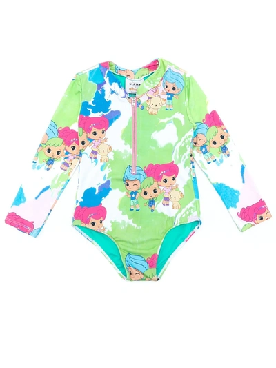 Amir Slama Kids' Printed  + Chocolix Long-sleeve Swimsuit In Green