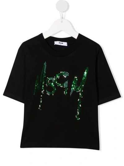 Msgm Kids' Sequin-logo Cropped T-shirt In Black