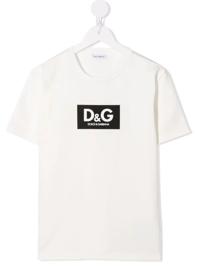 Dolce & Gabbana Kids' Flocked Logo Cotton T-shirt In White