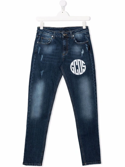 Gcds Teen Logo-print Skinny Jeans In Blue