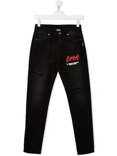 Gcds Teen Logo-print Skinny Jeans In Black