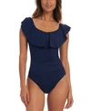 La Blanca Island Goddess Off-the-shoulder Ruffled Tummy-control One-piece Swimsuit Women's Swimsuit In China Blue
