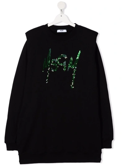 Msgm Teen Sequin-embellished Shoulder-pads Dress In Black