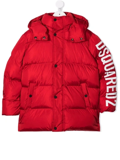 Dsquared2 Kids' Logo-print Sleeve Puffer Coat In Red