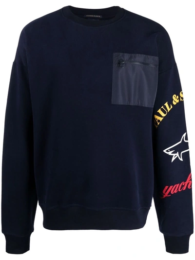 Paul & Shark Organic Cotton Sweatshirt Winter Fleece With Printed Logo In Blue