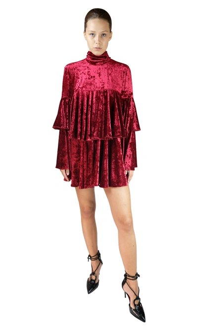Sara Battaglia Bordeaux Ciniglia Mini Dress With Volants