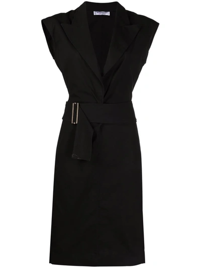 Pre-owned Saint Laurent 1990s Notched Lapels Belted Dress In Black