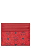 Mcm Mini Visetos Canvas Card Case With Money Clip In Candy Red