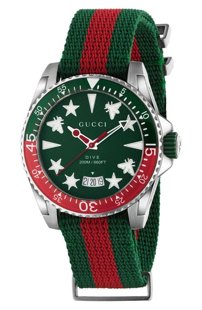 Gucci Dive Green & Red Fabric Strap Watch 40mm In Red   / Green