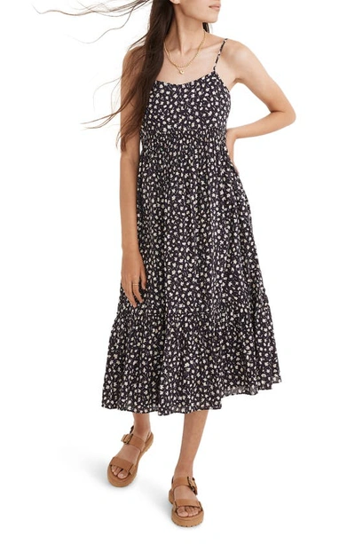 Madewell Floral Print Smocked Tiered Midi Sundress In Crushed Blackberry