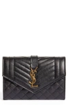 Saint Laurent Envelope Small Ysl Flap Wallet In Grained Leather In Nero/ Nero/ Nero