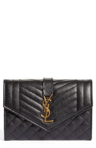 Saint Laurent Envelope Small Ysl Flap Wallet In Grained Leather In Black