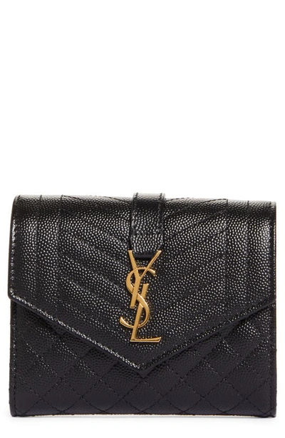 Saint Laurent Monogram Pebbled Leather Envelope Card Case In Nero/ Nero/ Nero/ Nero