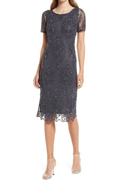 Pisarro Nights Beaded Cocktail Midi Dress In Slate