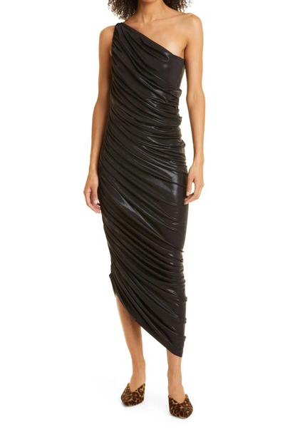 Norma Kamali Diana One-shoulder Ruched Metallic Stretch-jersey Dress In Nero