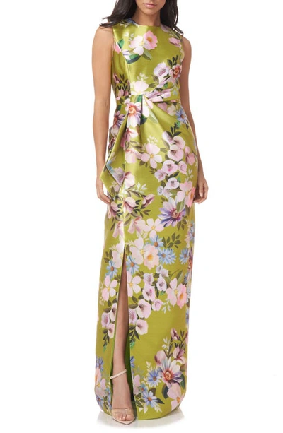 Kay Unger Reese Floral Side Bow Sheath Gown In Chartreuse Foxglove Floral