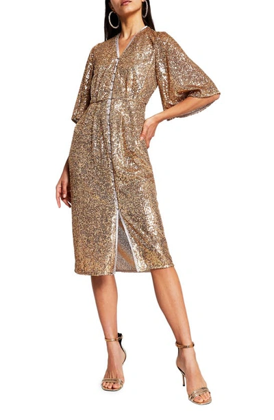 River Island Bell Sleeve Sequin Dress In Gold | ModeSens