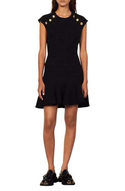 Sandro Liliana Cap Sleeve Asymmetric Ruffle Hem Dress In Black