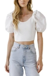 English Factory Mixed Media Crop Puff Sleeve Top In Off White