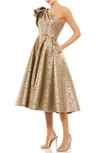 Mac Duggal One-shoulder Metallic Brocade Midi Cocktail Dress In Antique Bronze