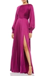 Mac Duggal Pleated High Neck Raglan Long Sleeve Side Slit Gown In Berry